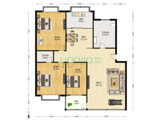 华瑞园北区 3室2厅2卫 166平方
