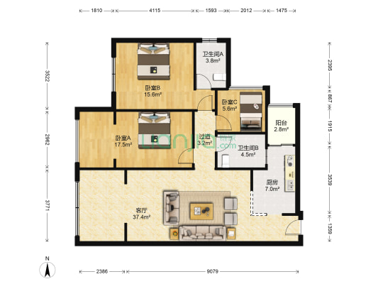 光明城市 3室1厅2卫 88平方