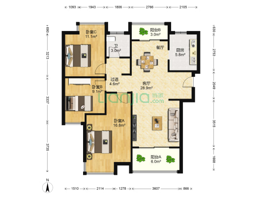 绿地新都会 3室1厅1卫 106平方
