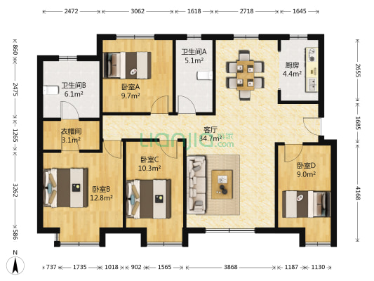 中骏云景台 4室1厅2卫 122平方
