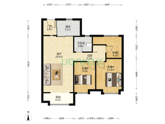 天津荣盛碧桂园云鼎 3室1厅1卫 103平方