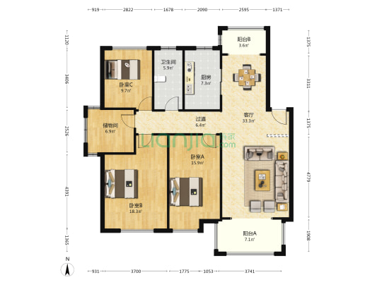 欧盛花园一期 3室1厅1卫 130平方