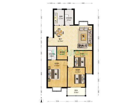 新城市花园 3室2厅2卫 126平方