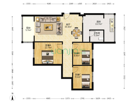 万年场横街17号 3室1厅1卫 97平方