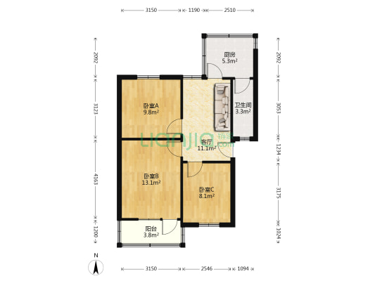 北站新村小区一组团 3室1厅1卫 54平方