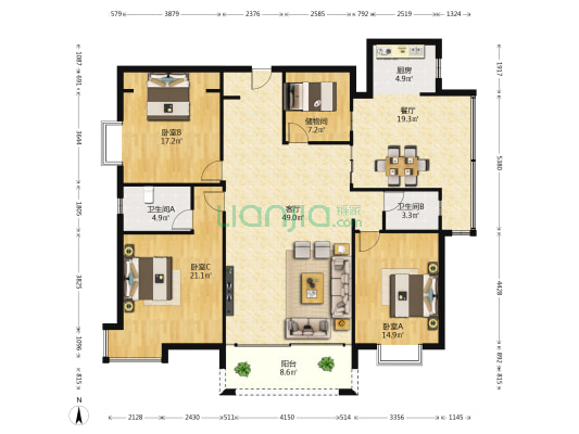 广西壮族自治区商务厅桃源办公区 3室2厅2卫 172平方