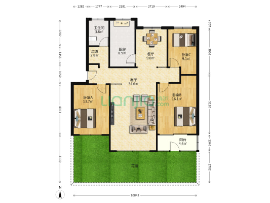 三联宿舍 3室2厅1卫 121平方