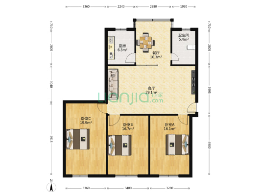 皂角巷小区 3室2厅1卫 123平方