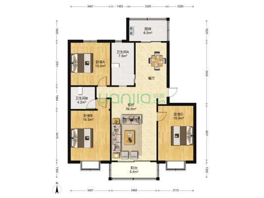 中房光华雅居 3室1厅2卫 131平方