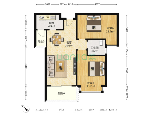 东部现代城 2室1厅1卫 84平方