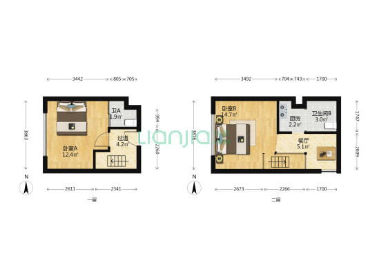 中梁申花百悦公馆 2室1厅2卫 35平方