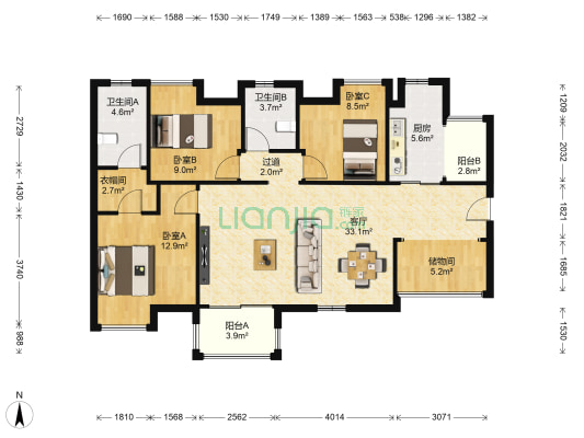 利海米兰春天·2期 3室1厅2卫 106平方