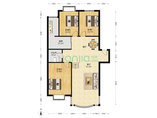航苑花园 3室1厅1卫 134平方