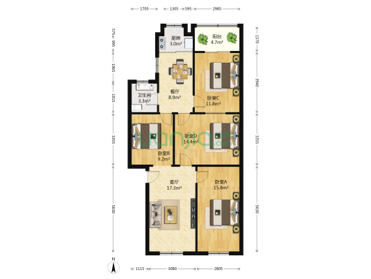 纺织品厂宿舍 4室2厅1卫 107平方