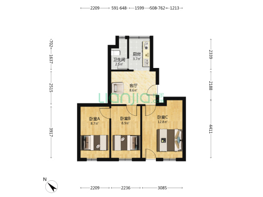 涂家岭南村 3室1厅1卫 61平方