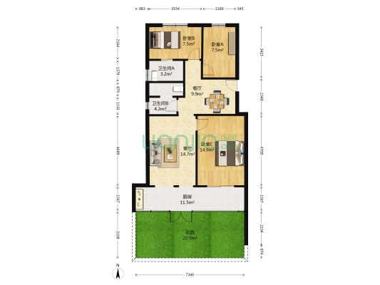 建德路 3室2厅2卫 76平方