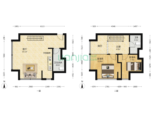华荟公寓 2室1厅2卫 63平方