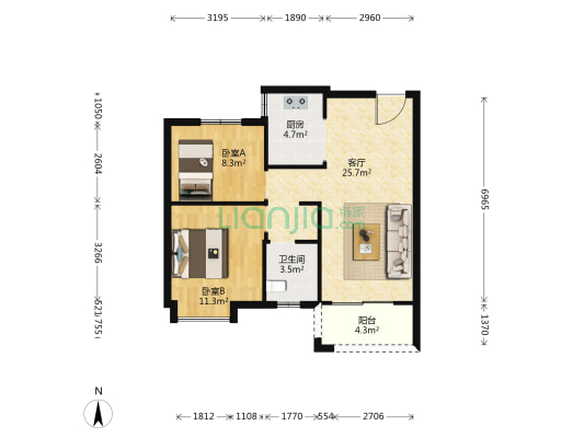 汤品园 2室1厅1卫 75平方