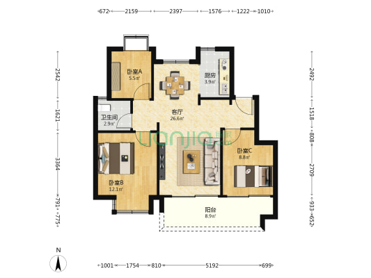 绿滋肴绿梦首府 3室1厅1卫 89平方