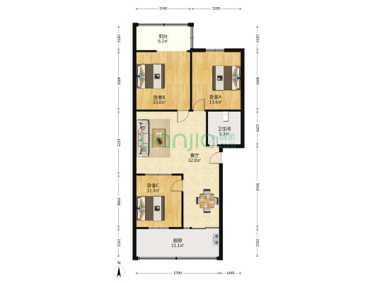 享堂西街北一条三院 3室1厅1卫 106平方