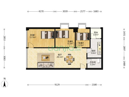 金都汇.时代天街 3室1厅1卫 92平方
