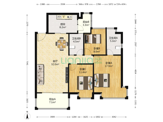 时代廊桥 3室1厅2卫 115平方