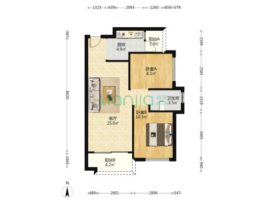 牧云左岸 2室1厅1卫 75平方