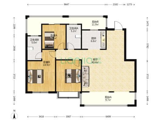 常绿林溪天悦 3室1厅2卫 127平方
