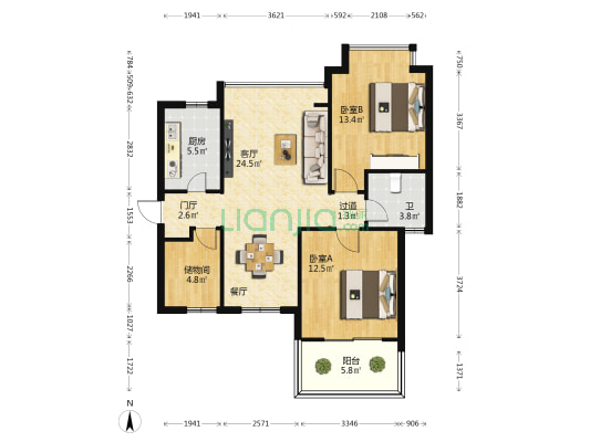 金地自在城蔷薇苑 2室1厅1卫 92平方
