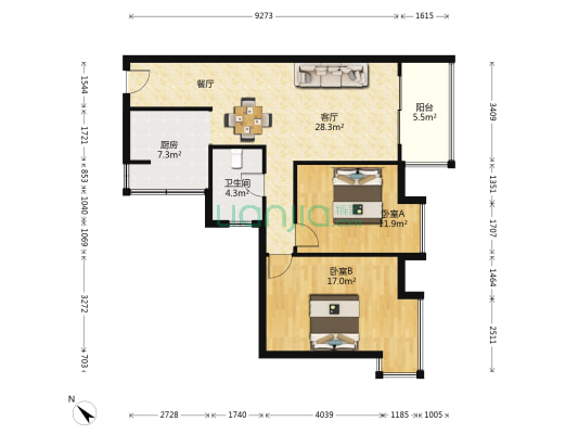 天润·頤景园 2室1厅1卫 115平方