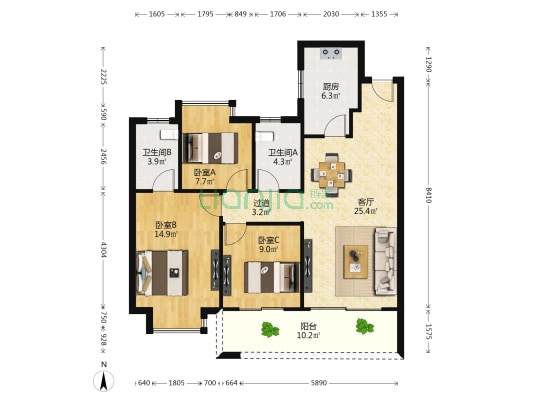 华侨城万科泊岸 3室1厅2卫 106平方
