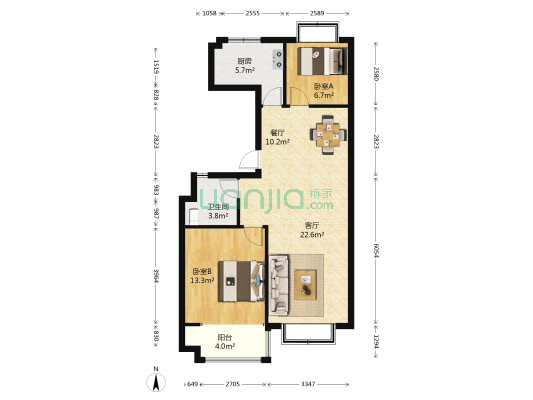 龙泽苑 2室2厅1卫 91平方
