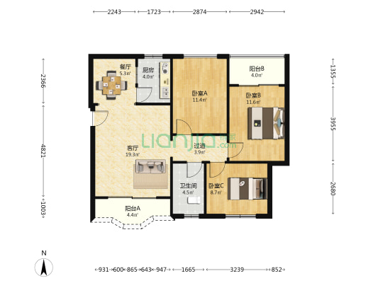 澳景花园 3室2厅1卫 91平方