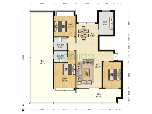 华龙门 3室2厅2卫 124平方