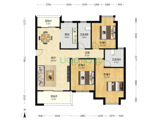 梨江鑫苑 3室1厅2卫 125平方