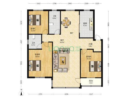 富盛公寓 3室1厅2卫 142平方