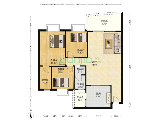 永愉花园 3室1厅2卫 111平方