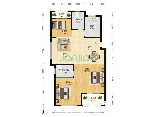 香缇公寓 3室2厅2卫 114平方