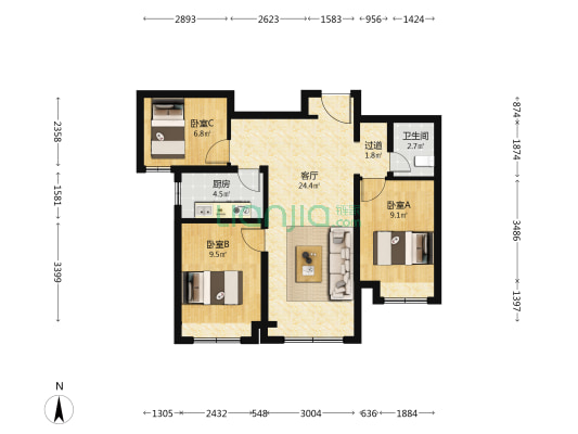 信达国子郡 3室1厅1卫 88平方