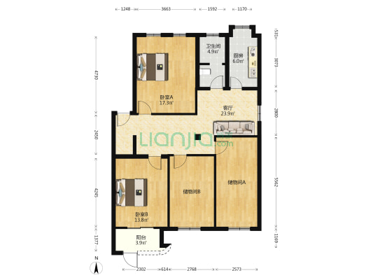 人信·奥林苑 2室1厅1卫 129平方