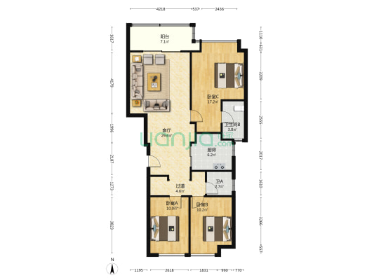 万科润园 3室1厅2卫 107平方
