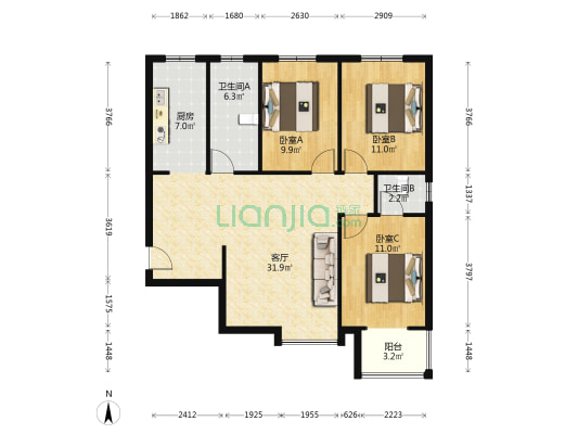 联合七号院南北通透三居华阳路 交通便捷，免费停车-户型图