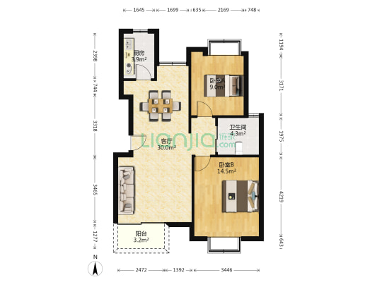 名尚花园 2室1厅1卫 86平方