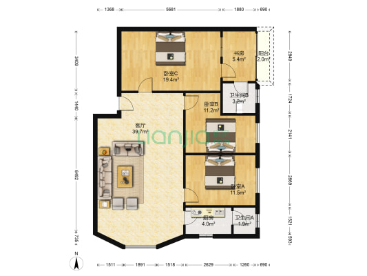 万家福公寓 4室1厅2卫 126平方