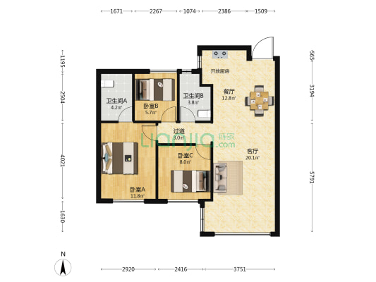 龙湖兰园·天璞 3室2厅2卫 87平方
