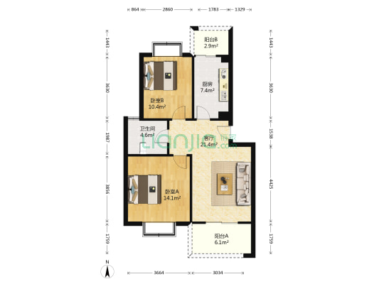 荆竹小区6号院 2室1厅1卫 74平方
