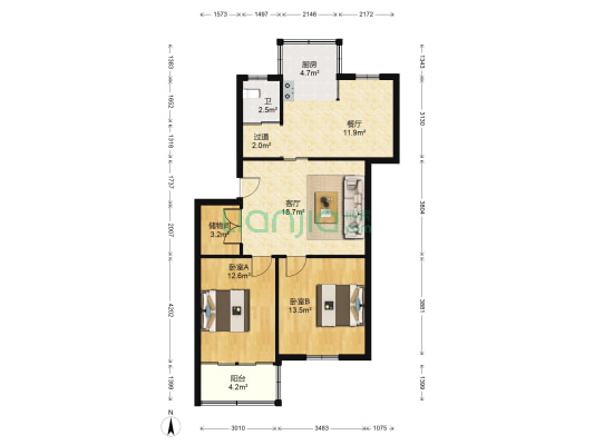 渡江路三十八号 2室2厅1卫 86平方