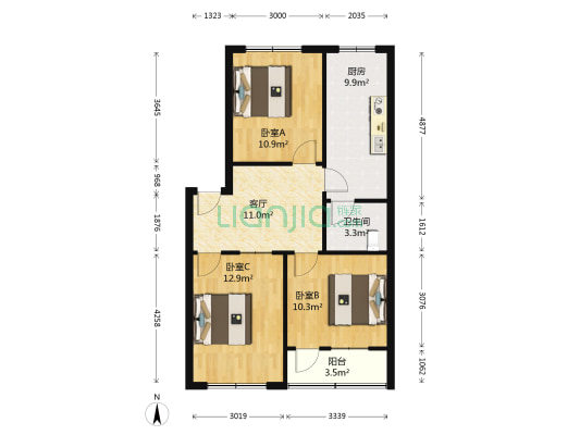 市建工集团宿舍文化路 3室1厅1卫 80平方