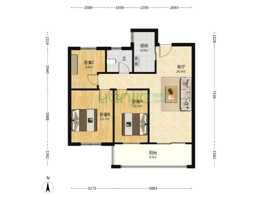 碧桂园颍州府清颍苑 3室1厅1卫 96平方