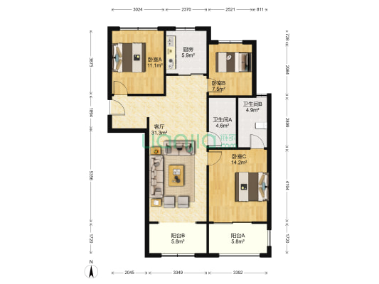 朗诗绿街南岸 3室1厅2卫 94平方